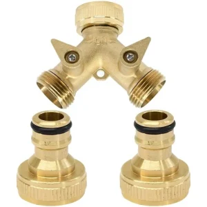 2 Way Brass Hose Pipe Valve Splitter with 2 x 3/4 Tap Thread Connectors Garden
